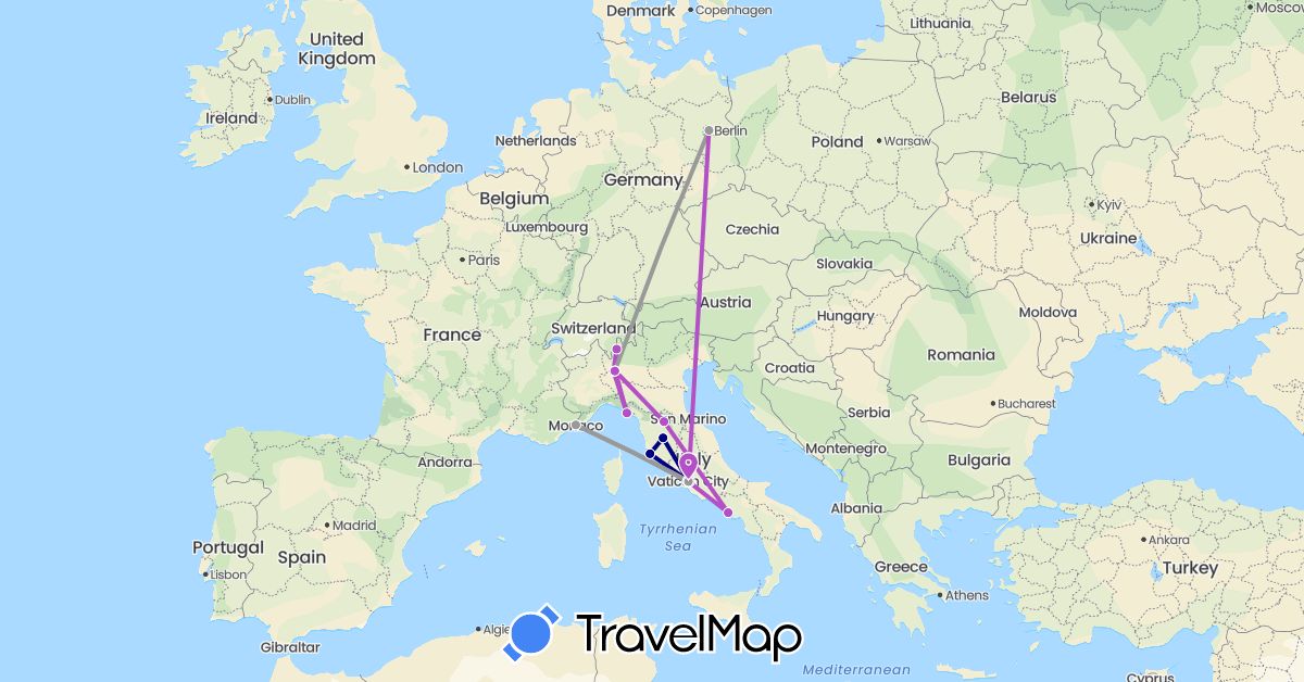 TravelMap itinerary: driving, plane, train in Germany, Italy, Monaco (Europe)